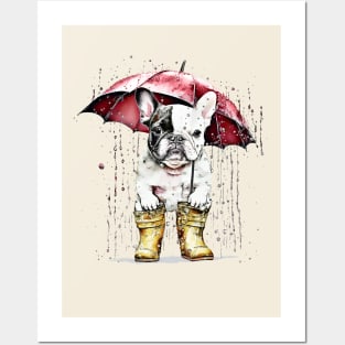 Cute french bulldog under the rain with red umbrella, vintage style, frenchie mon, frenchie dad, frenchie on vintage sun Posters and Art